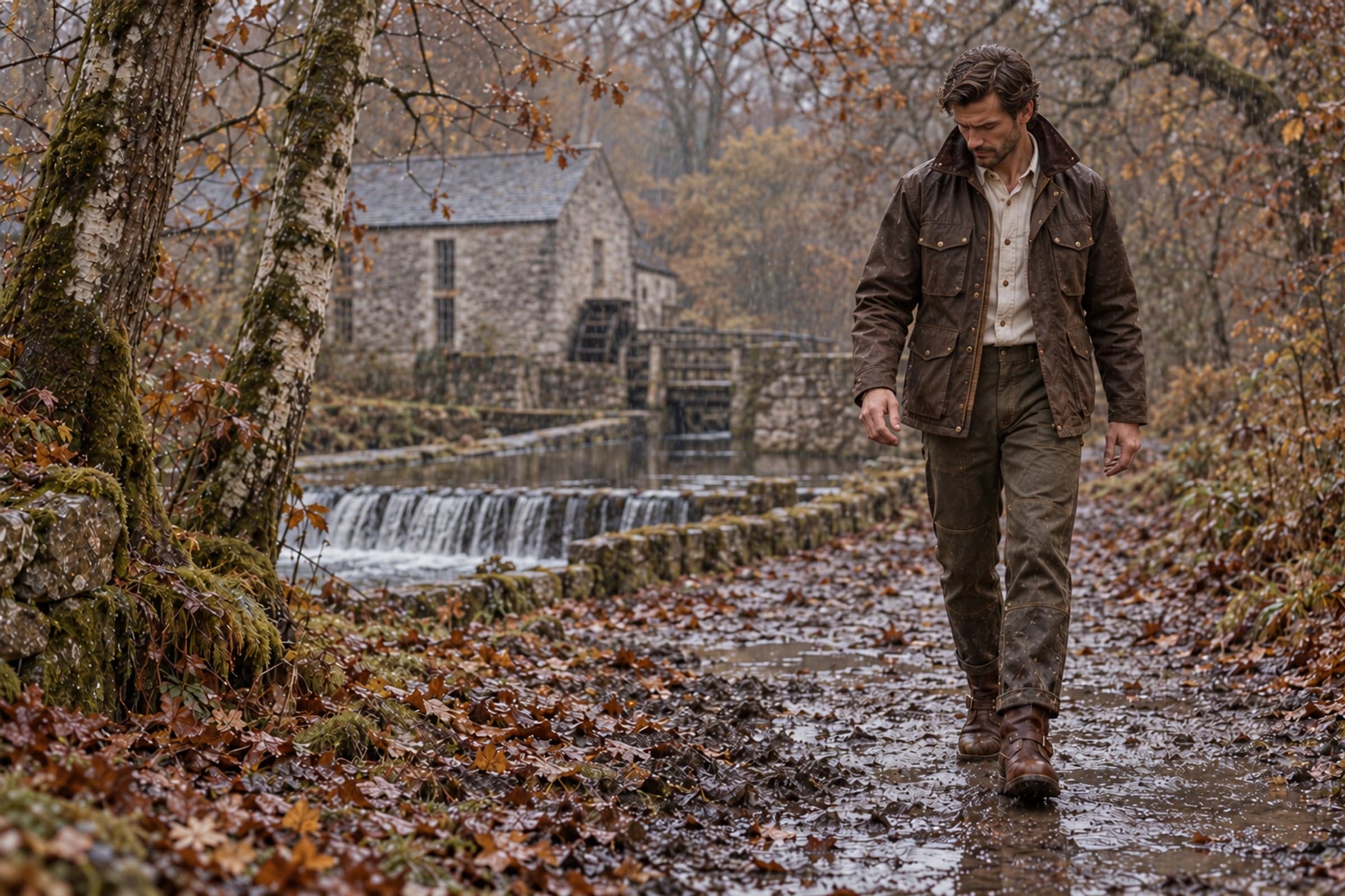 Look 05 em Hollins Weir: Jaqueta curta na cor Tabaco, Camisa de trabalho na cor Cru, Calça de joelho duplo na cor Verde-oliva e Bota engineer na cor Caramelo.
