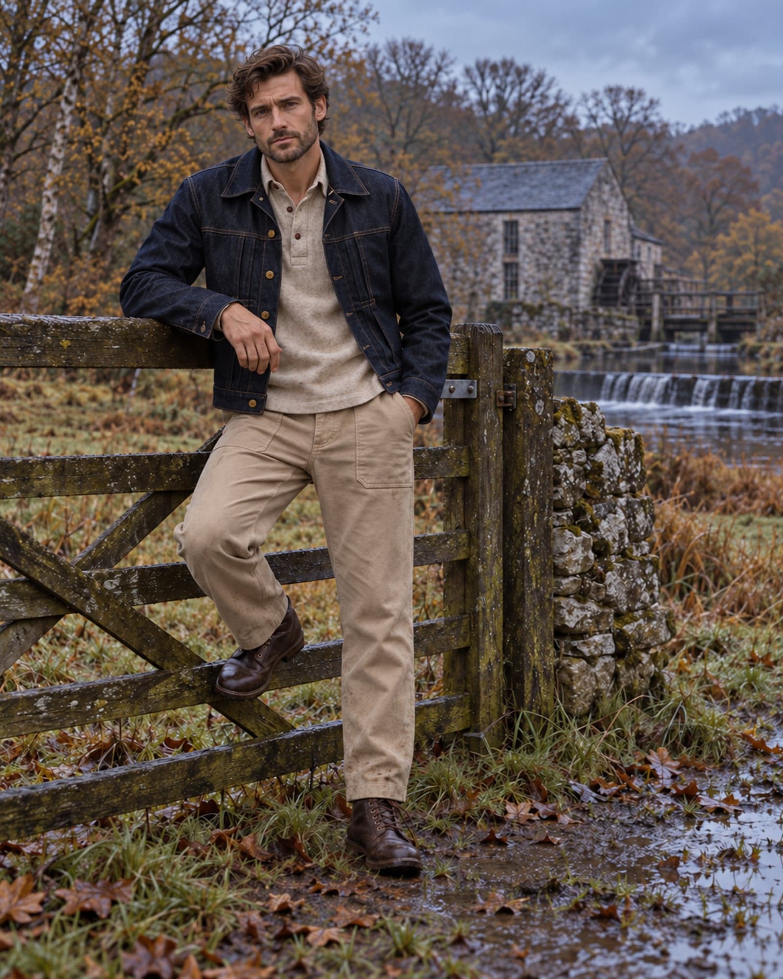 Look 06 em Hollins Weir: Jaqueta de montaria na cor Índigo, Camisa pulôver na cor Aveia e Calça fatigue na cor Aveia.