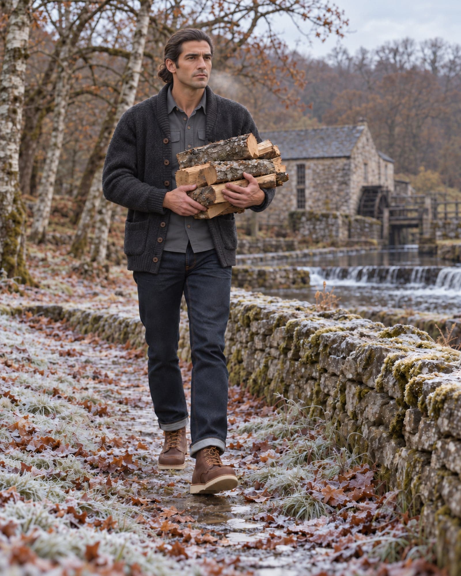 Look 07 em Hollins Weir: Cardigã Shetland na cor Chumbo, Camisa de moleskin na cor Cinza-ardósia, Jeans reto na cor Índigo e Bota moc toe na cor Caramelo.