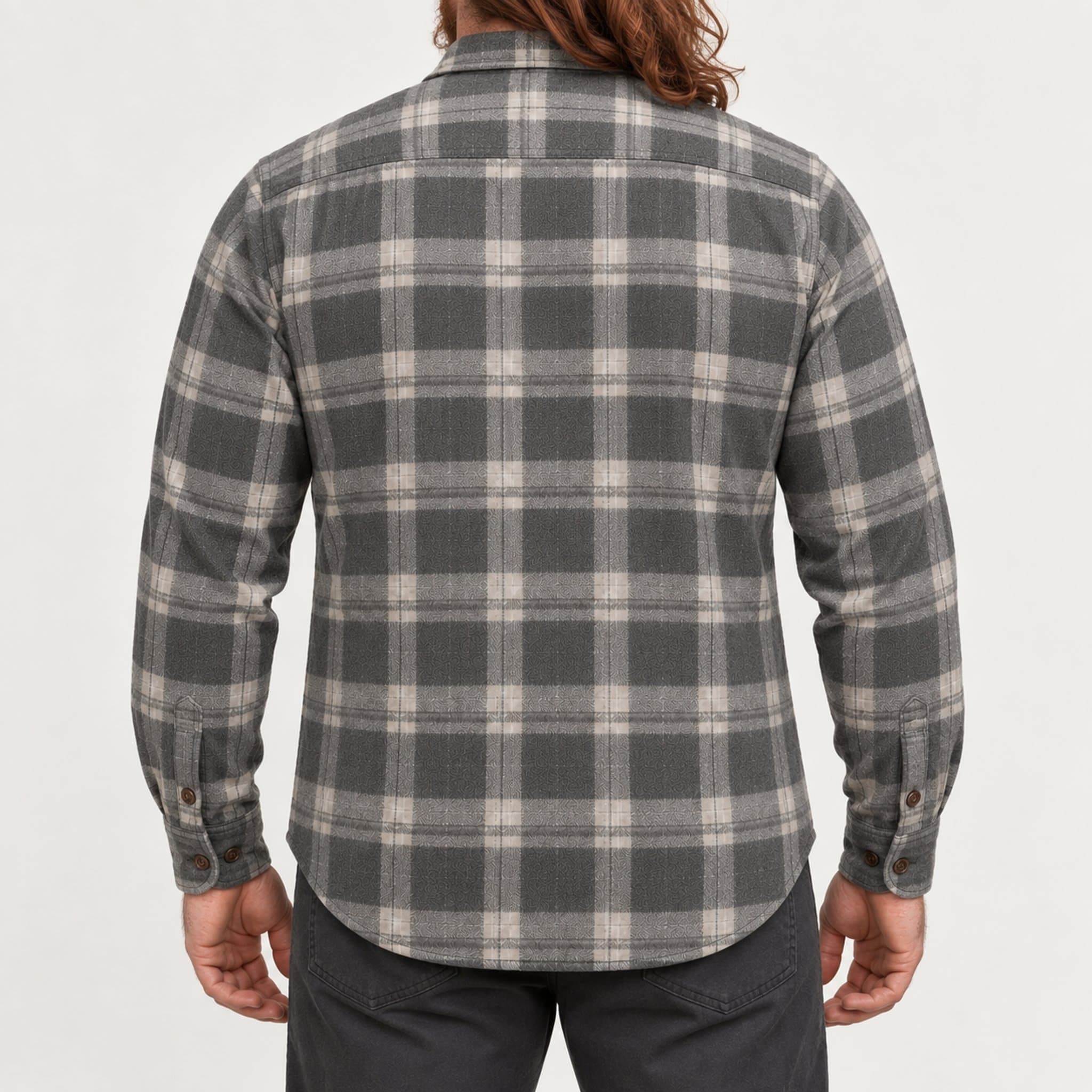 Camisa de flanela na cor Xadrez cinza, no corpo, costas